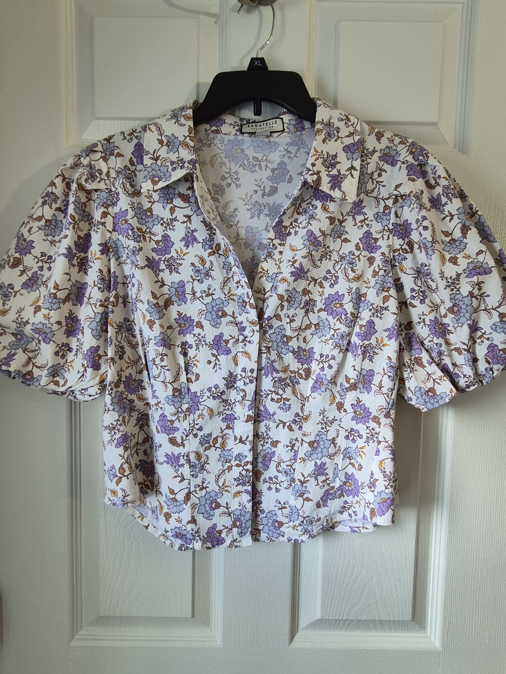 Bagatelle Lavender Floral Puff-Sleeve Button Front Top